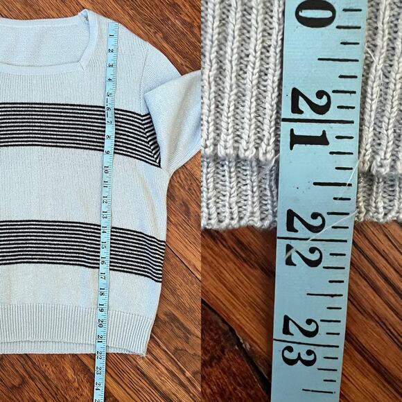 90s Vintage Knit Sweater Striped Gray and Black Size M Square Neck Union Made - Picture 9 of 16